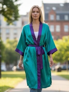 Victoria's Secret Vintage Green and Purple Paisley Kimono Robe One Size 26" PTP